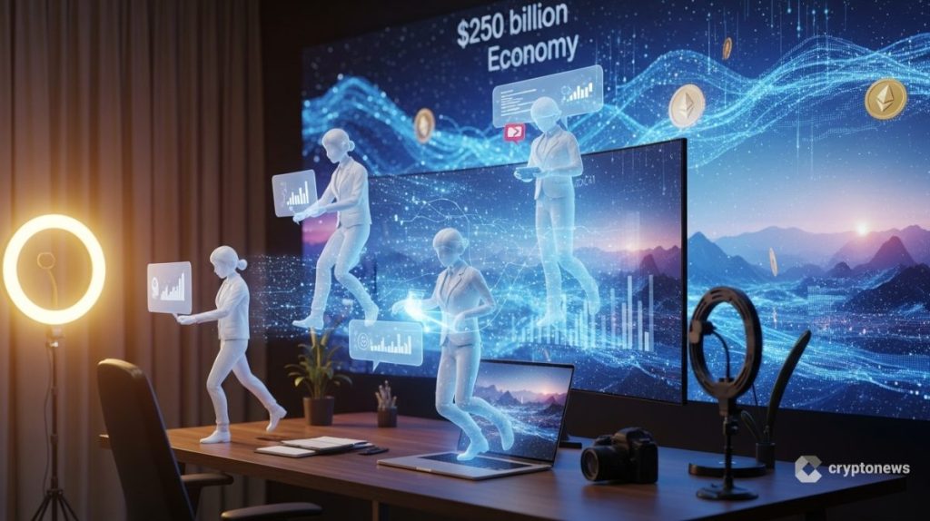 Criadores de conteúdo interagindo com agentes de IA autônomos e dados da creator economy de US$ 250 bilhões em ambiente digital futurista
