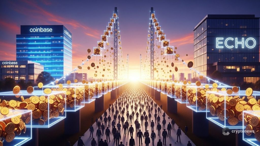Ilustração mostrando ponte digital conectando Coinbase e Echo com multidão de investidores atravessando, simbolizando democratização do acesso a investimentos em criptomoedas
