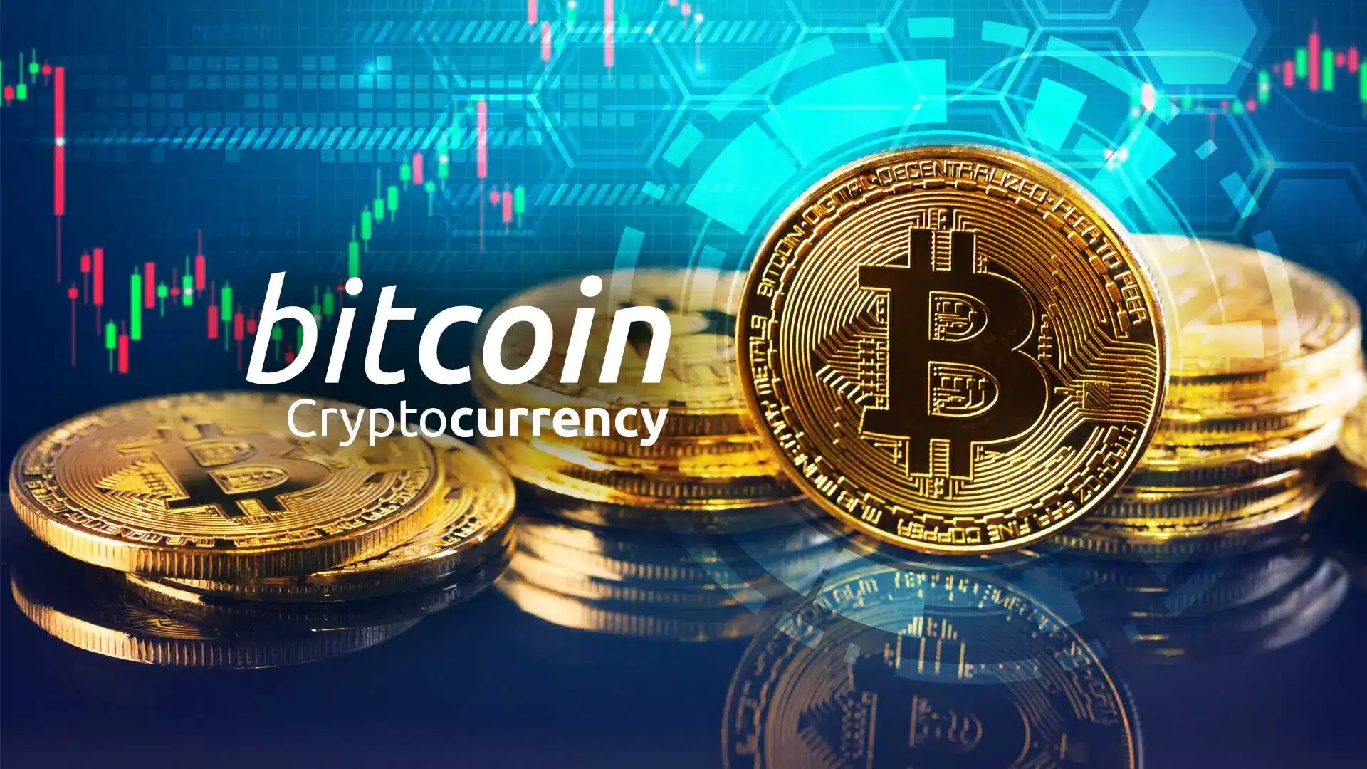 Stack of Bitcoin coins with a stock market graph background.