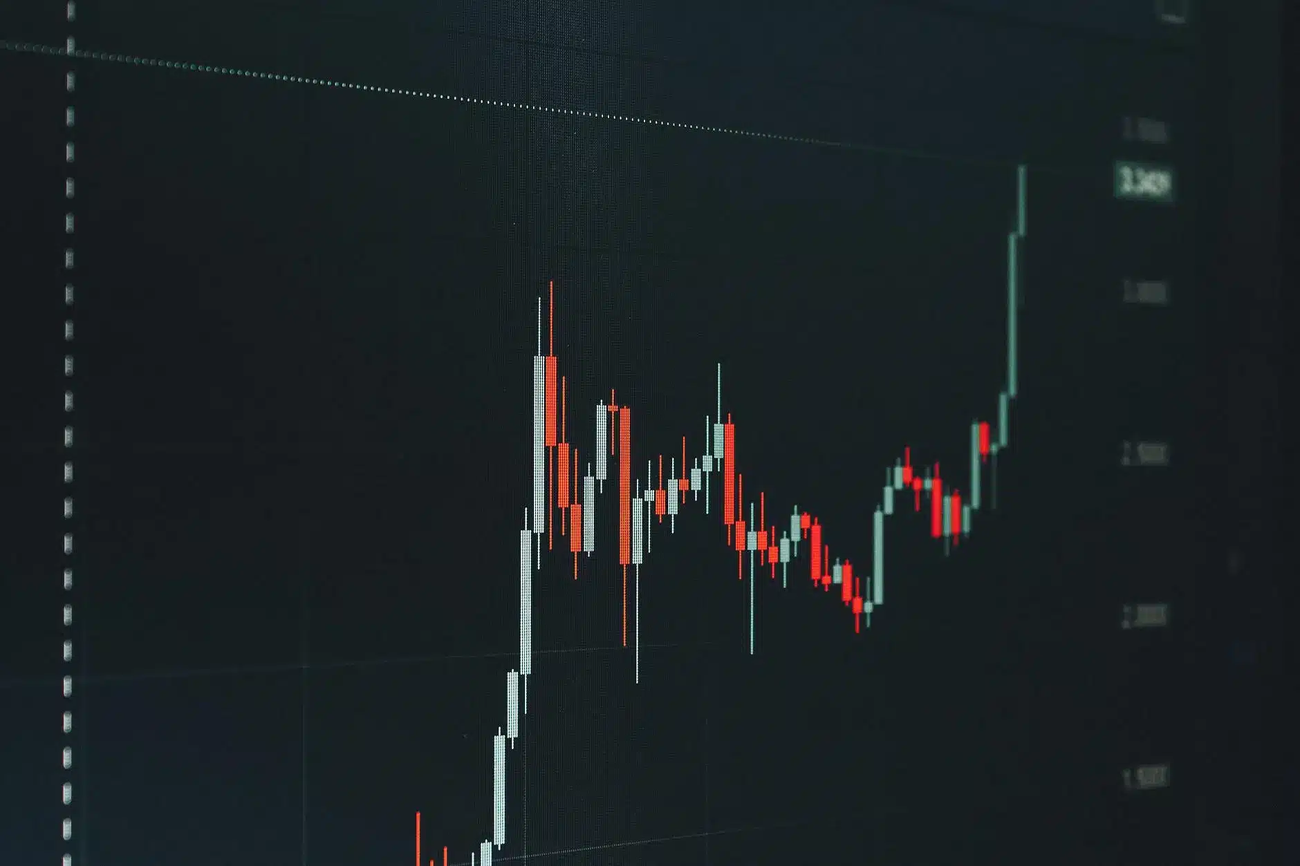 Line graph displaying cryptocurrency trading volume with fluctuating red and green candlesticks.
