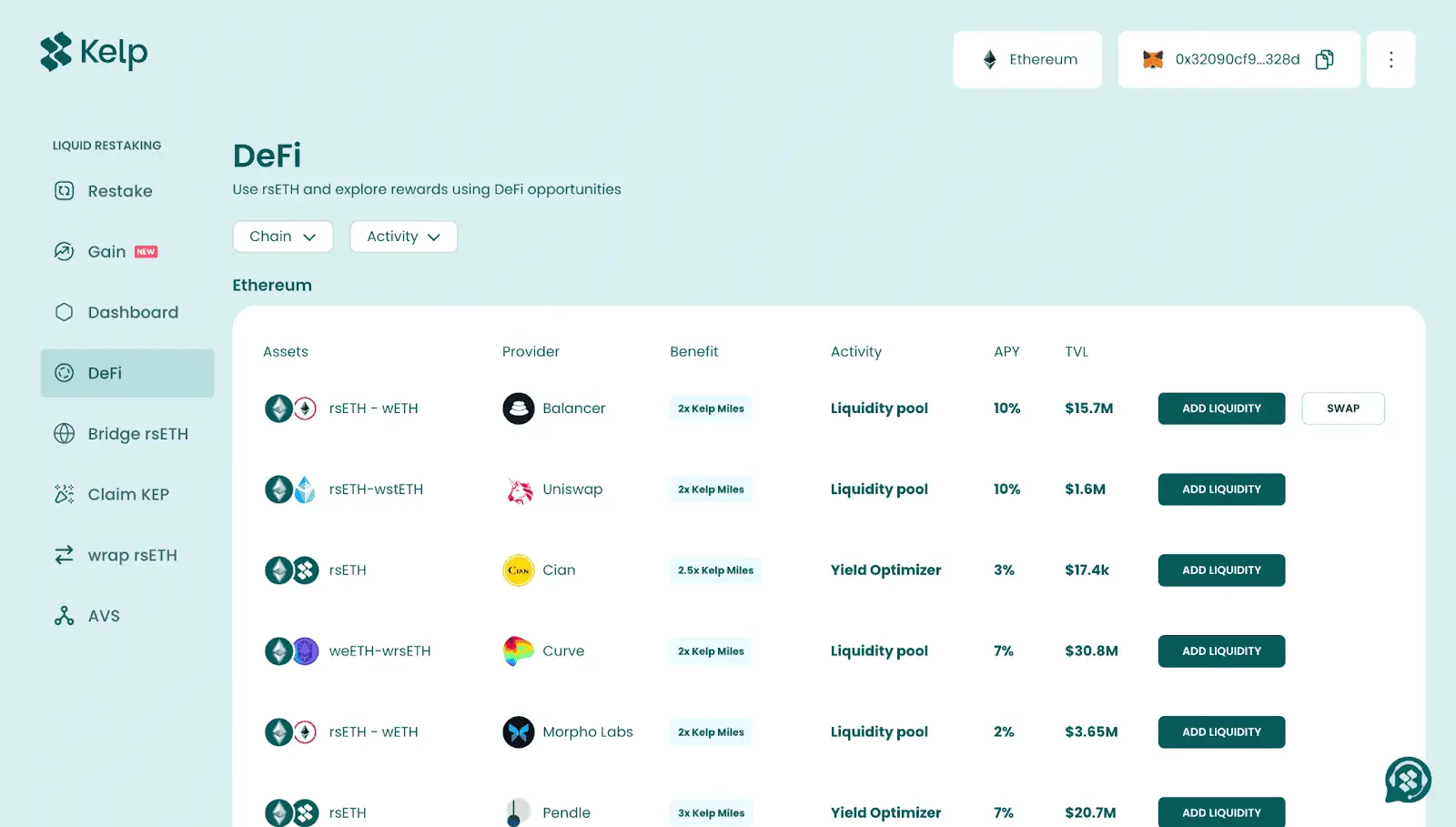 Kelp DeFi dashboard showing various liquidity pools and yield optimizers.
