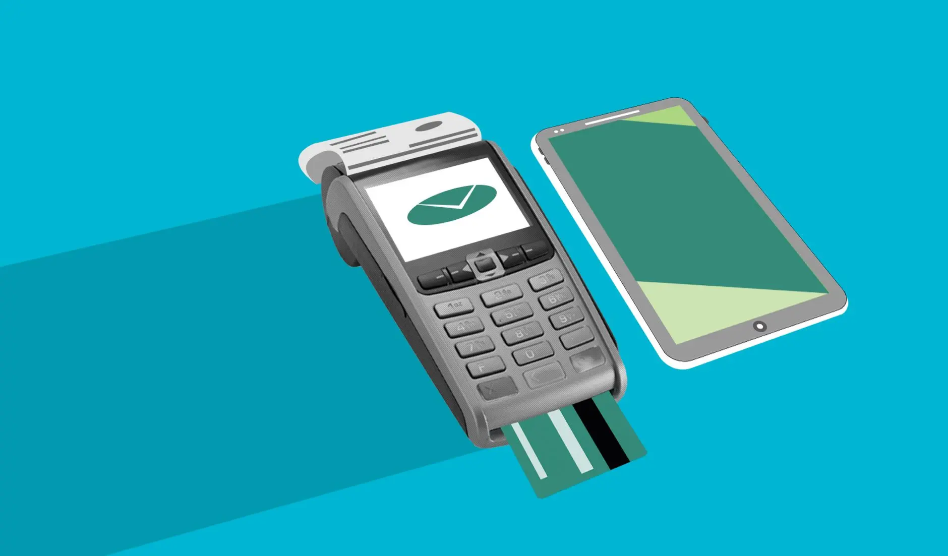 A credit card machine and a smartphone against a blue background.