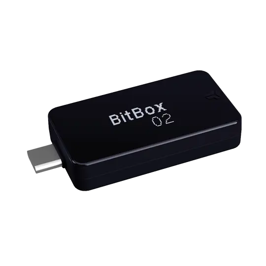 Black BitBox02 hardware wallet device with USB-C connector on a white background