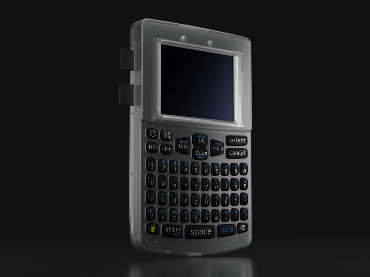 A Coinkite Coldcard hardware wallet with a transparent case and a full QWERTY keyboard against a black background.