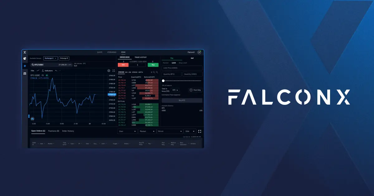 FalconX institutional crypto trading platform interface showing BTC/USDC price charts and order books