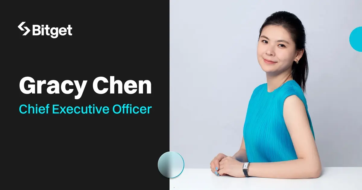 Gracy Chen, CEO of Bitget, wearing a blue top and smiling against a white background