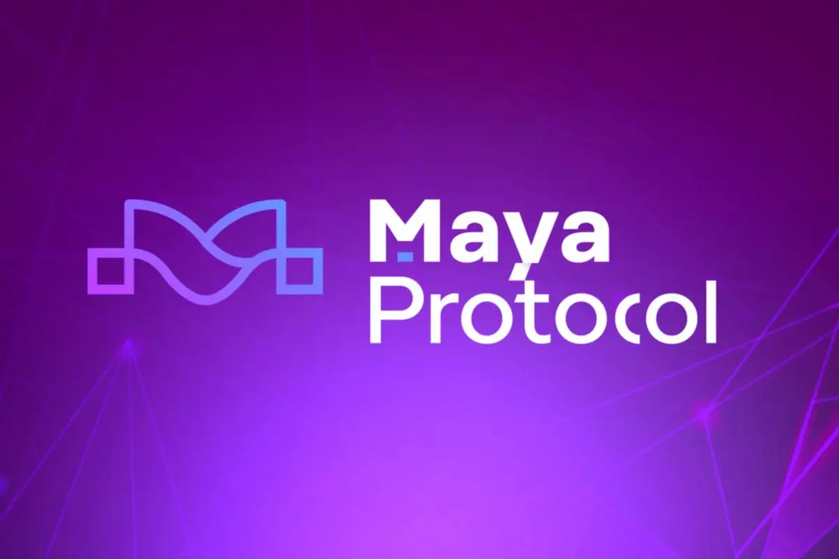 Maya Protocol logo and text on a purple gradient background with geometric lines