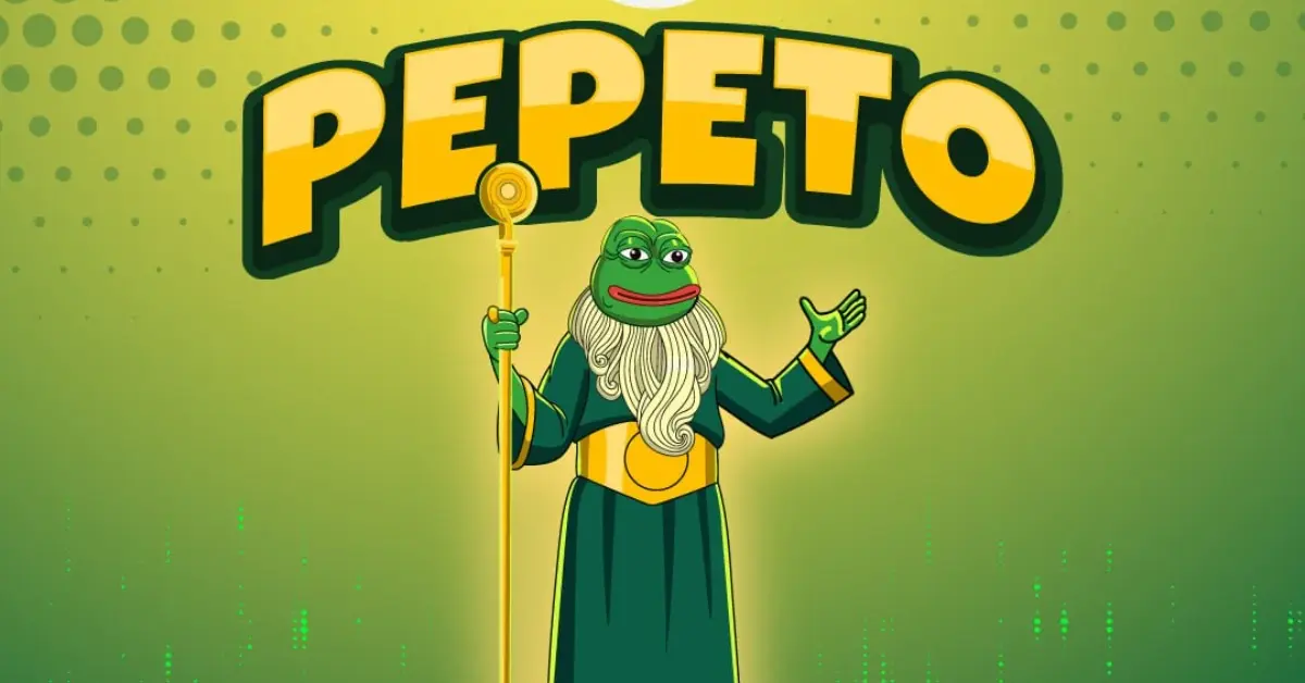 Pepeto logo with a cartoon frog character dressed as a wizard holding a gold staff on a green background