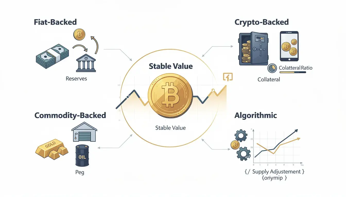 Infographic showing four types of stablecoins: fiat-backed, crypto-backed, commodity-backed, and algorithmic.