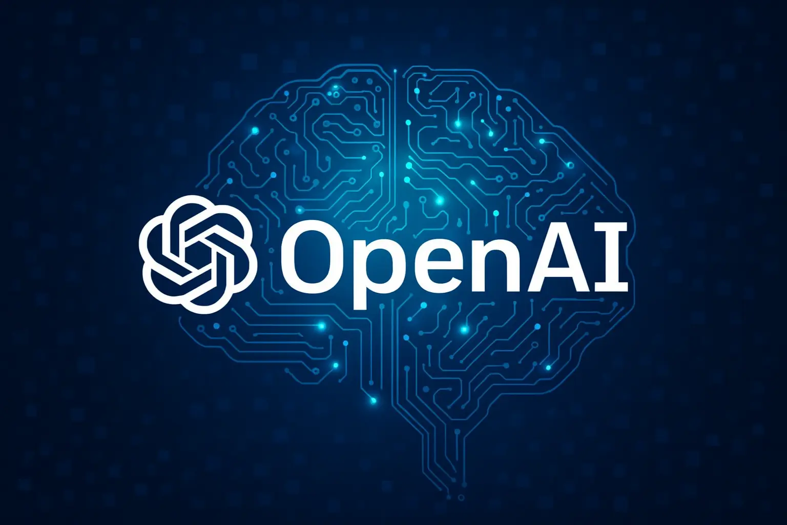 Logo von OpenAI vor einer stilisierten, blau leuchtenden Gehirn-Netzwerk-Visualisierung.