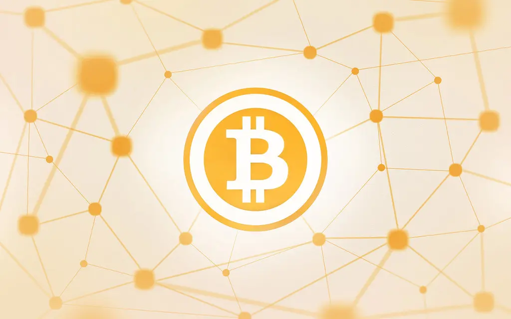Ein orangefarbenes Bitcoin-Symbol vor einem vernetzten Hintergrund.
