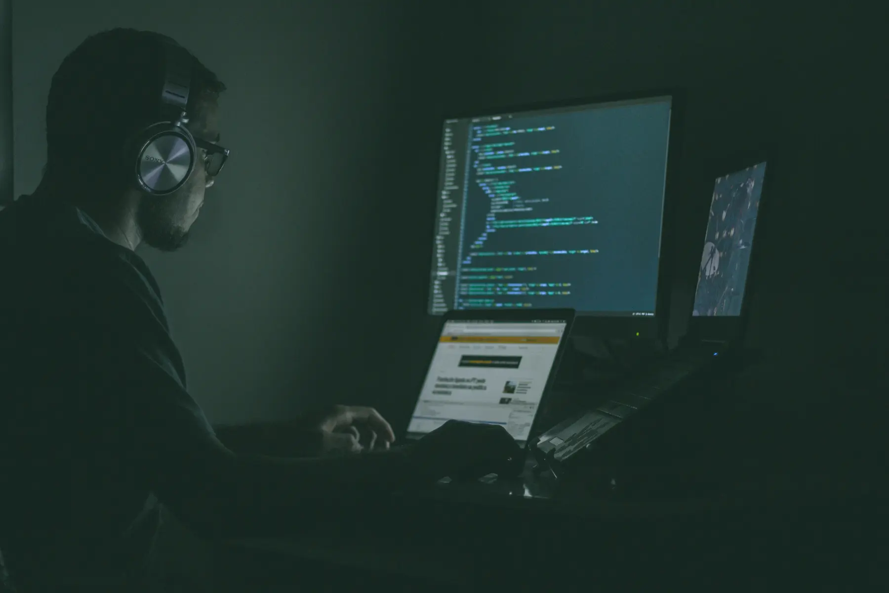 Eine Person mit Kopfhörern arbeitet in einem dunklen Raum an einem Computer mit Programmiercode auf dem Bildschirm.