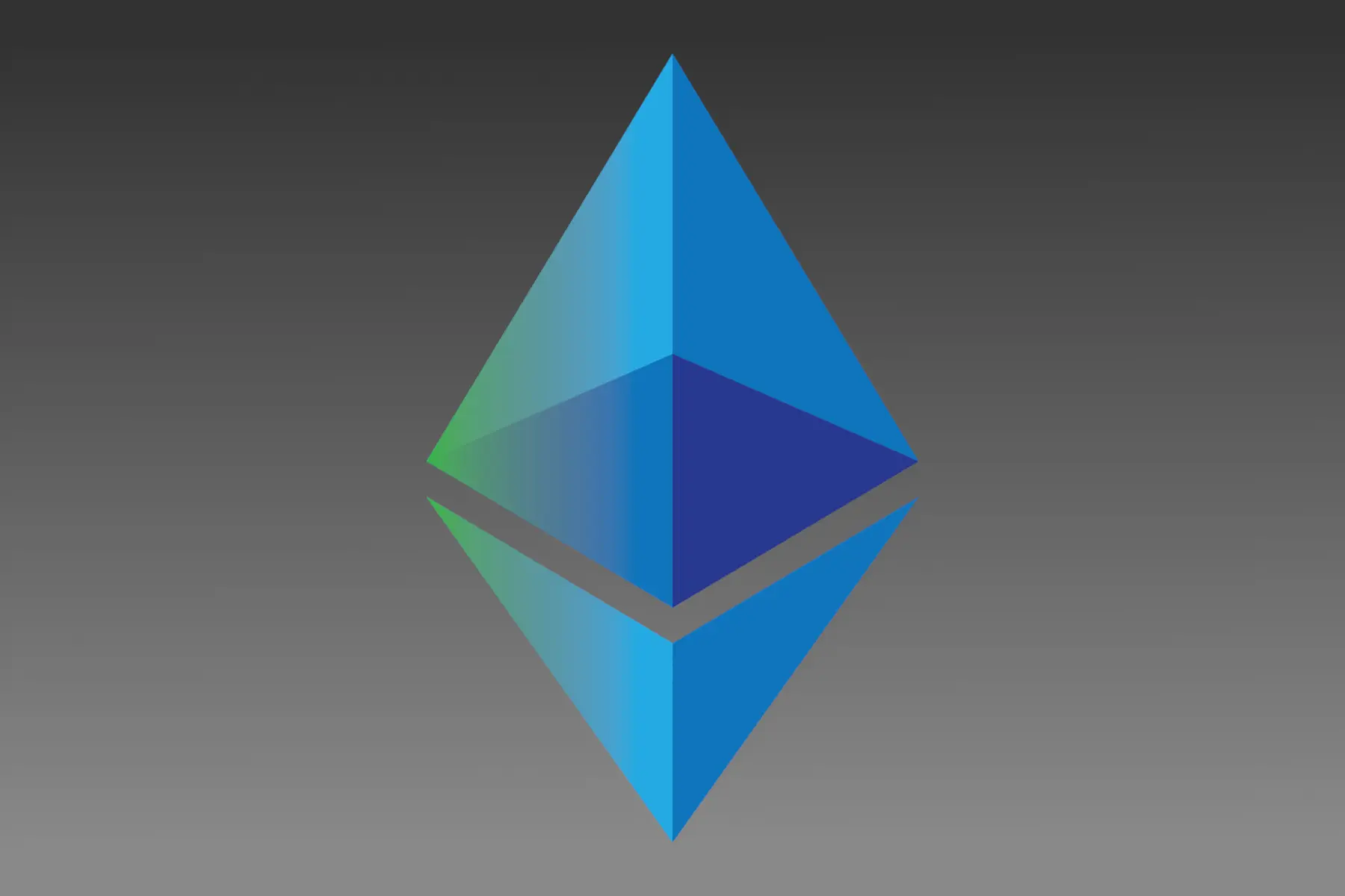 Das Logo der Ethereum-Blockchain in blauen Farbtönen auf grauem Hintergrund.