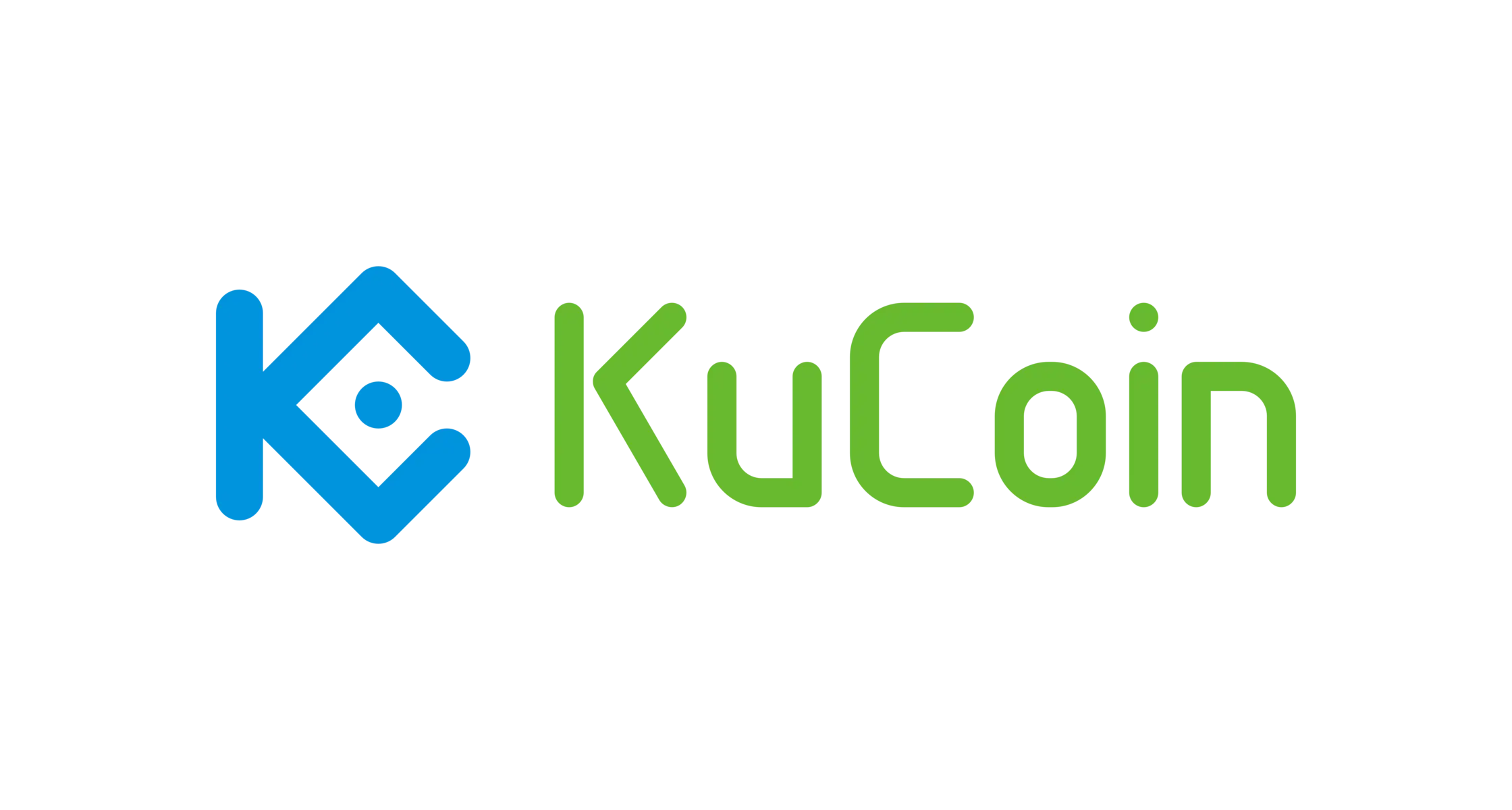 Das offizielle Logo von KuCoin mit einem blauen Symbol und grünem Schriftzug auf weißem Hintergrund.