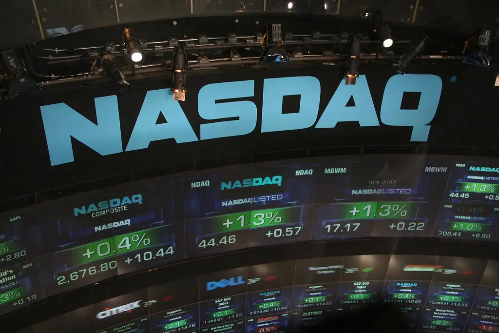 Die digitale Anzeigetafel des Nasdaq MarketSite mit aktuellen Börsenkursen.