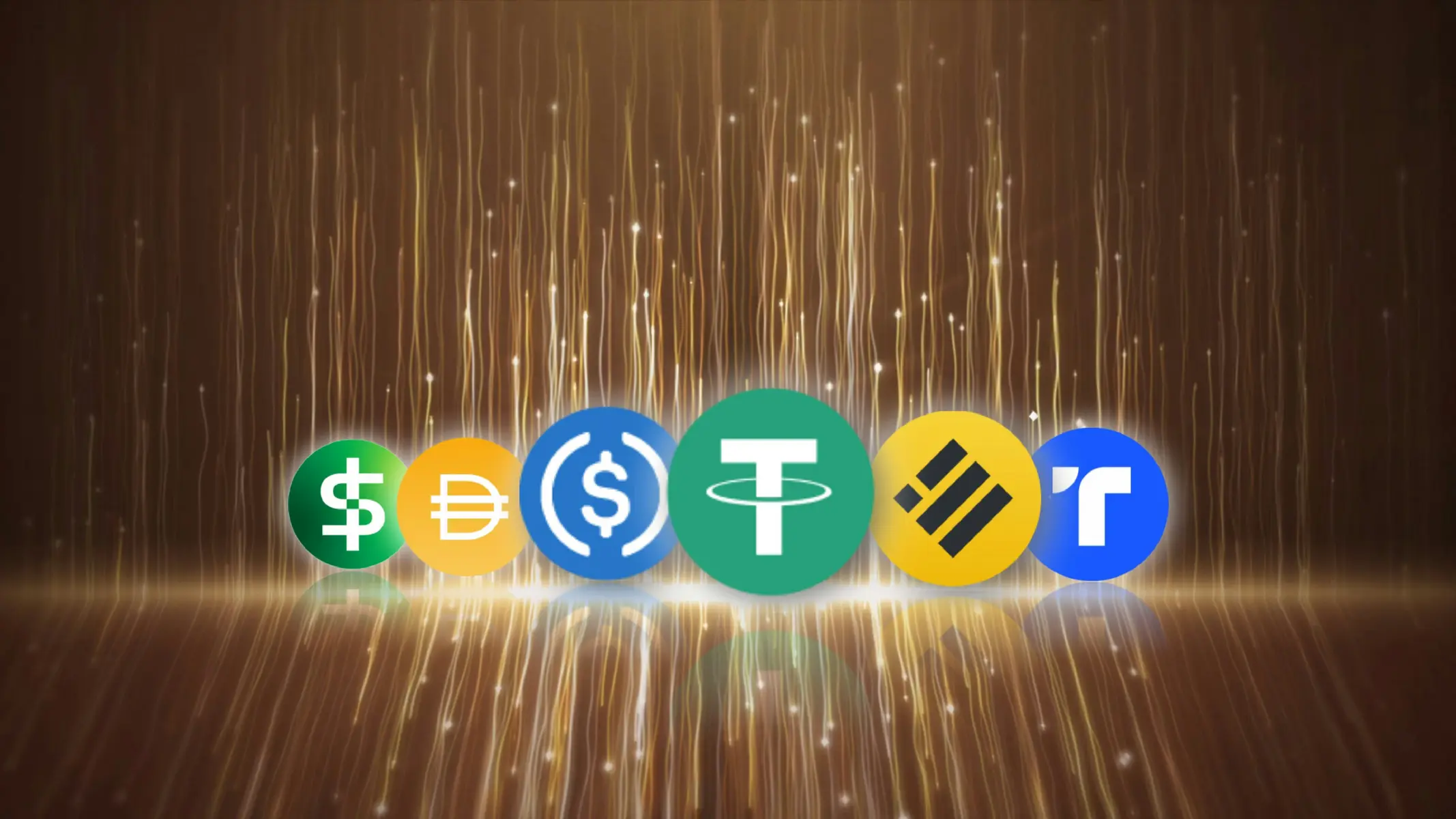 Symbole verschiedener Stablecoins vor einem abstrakten, goldenen digitalen Hintergrund