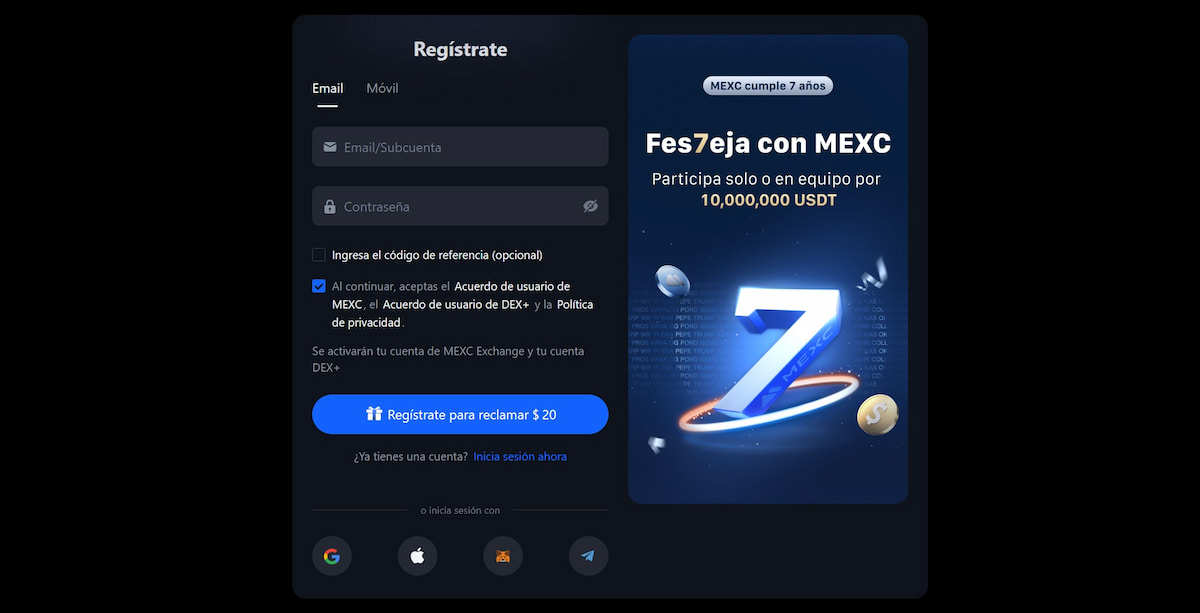 Paso primero para comprar BTC en Chile: accede al sitio oficial de MEXC y comienza el registro
