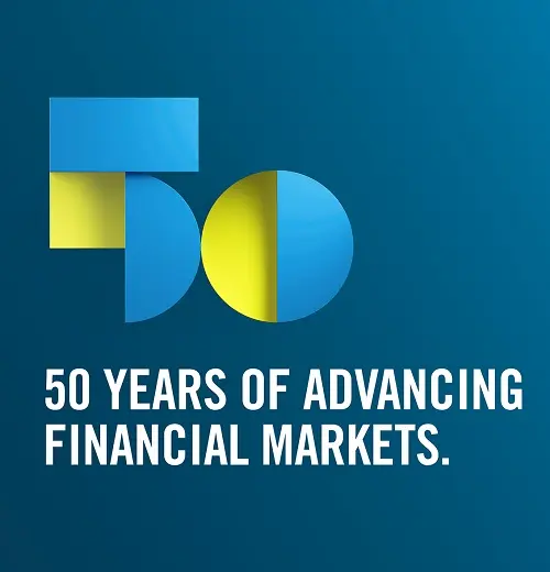 Graphic showing '50' and the phrase '50 years of advancing financial markets' on a blue background.