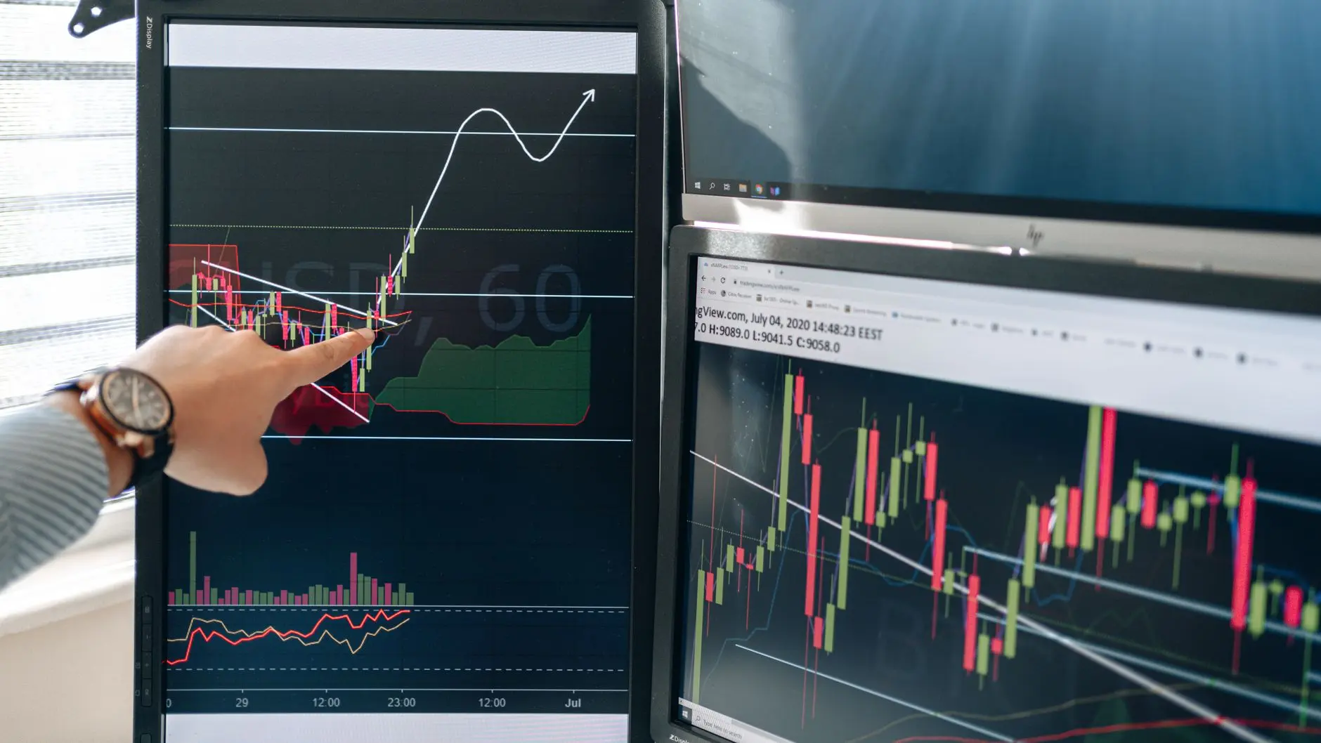 A person's hand pointing at financial trading charts on multiple monitors.
