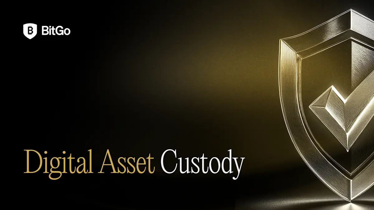 BitGo digital asset custody banner featuring a golden crystalline shield with a checkmark on a dark background