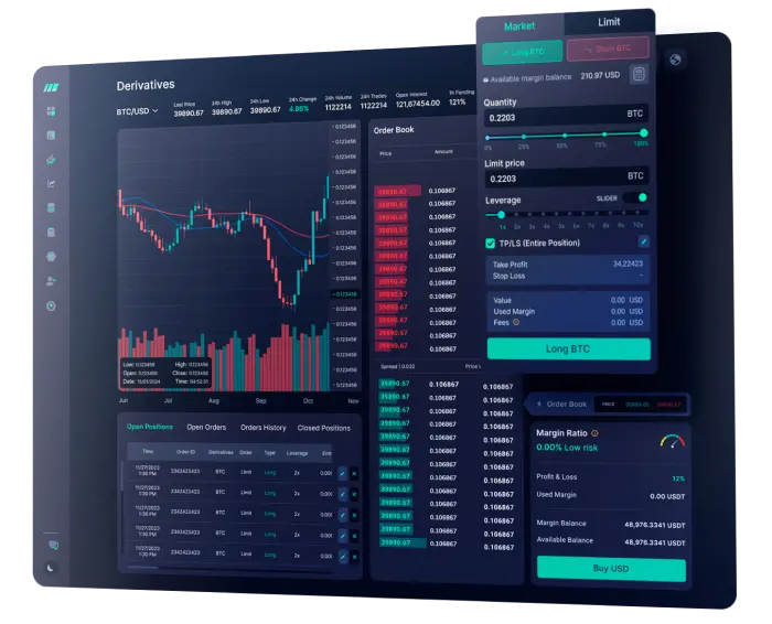 User interface of a cryptocurrency derivatives trading screen showing BTC/USD price charts and order books