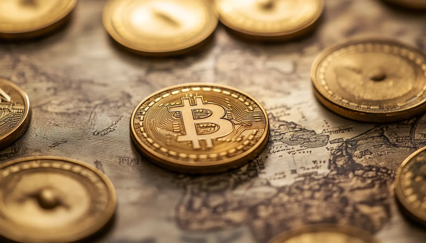 古い世界地図の上に配置された複数の金色のビットコインレプリカ