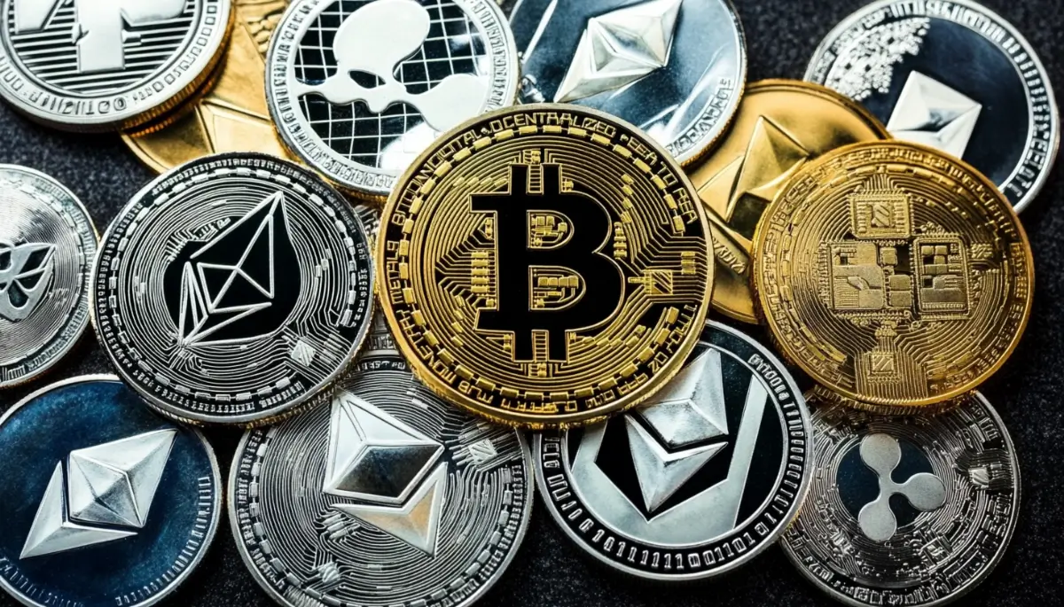 黒い背景に配置された複数の仮想通貨コイン。