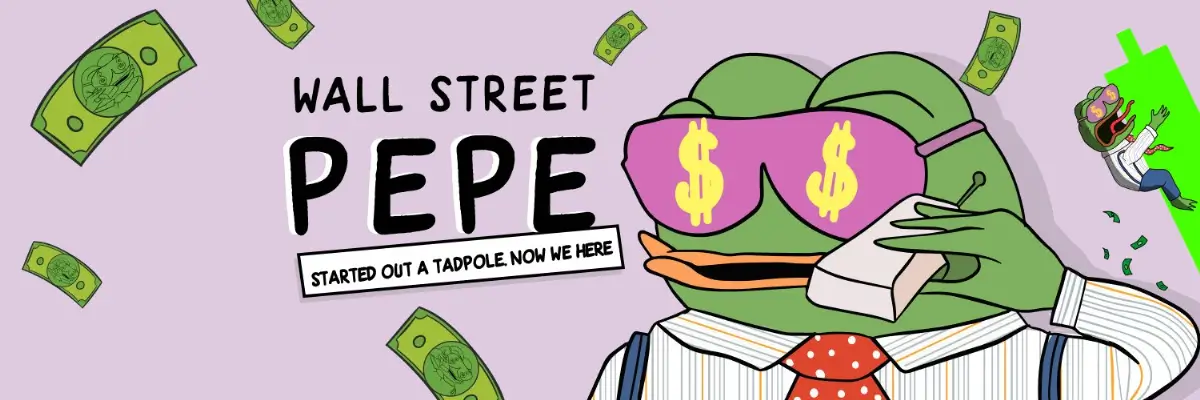 「Wall Street PEPE」というテキストと、ドル記号のサングラスをかけたカエルのキャラクターをフィーチャーしたヘッダー画像。