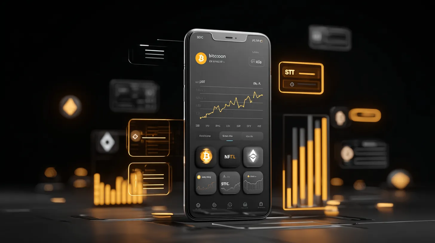仮想通貨の価格チャートやトークン情報を表示するスマートフォン画面と、周囲に浮かぶ仮想通貨のインターフェース要素