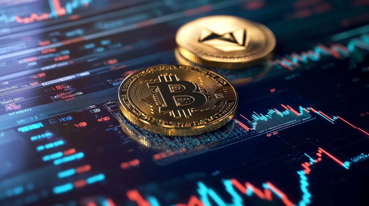 金融チャートの上に置かれたビットコインとイーサリアム