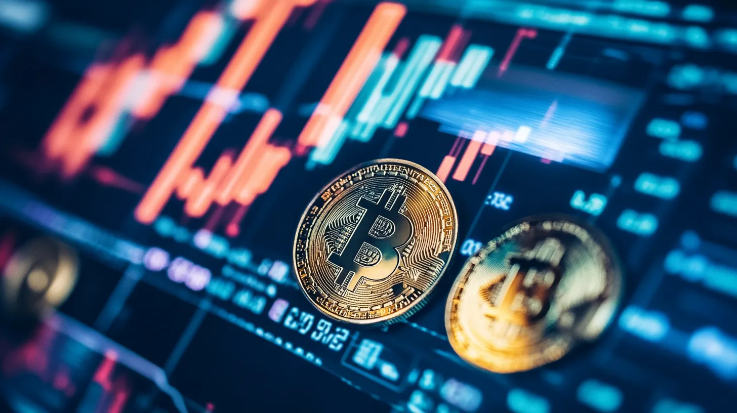 ローソク足チャートの上に置かれたビットコイン