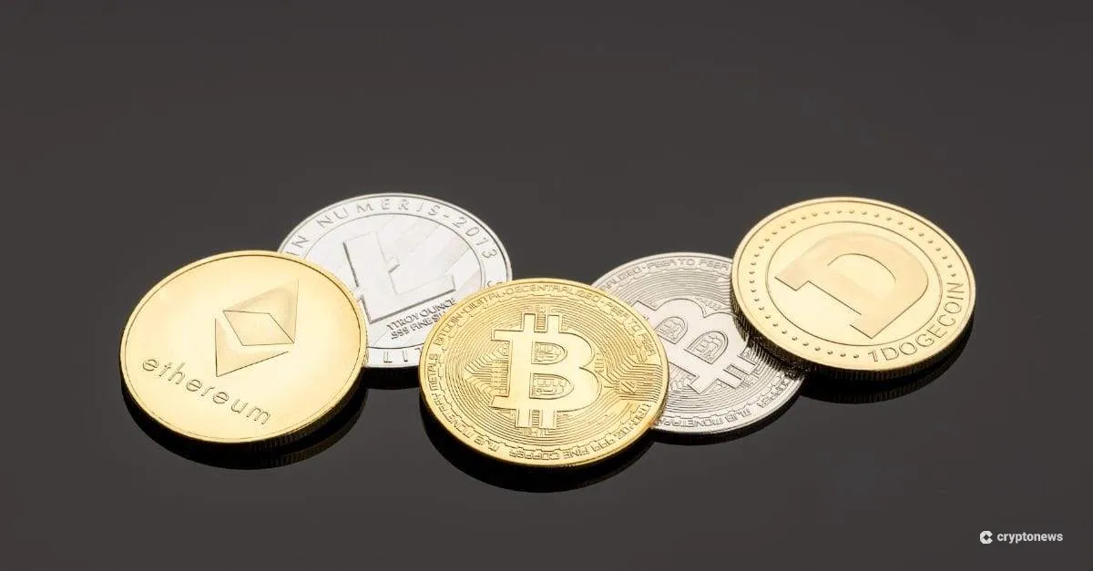 テーブルに並んだ5枚の仮想通貨