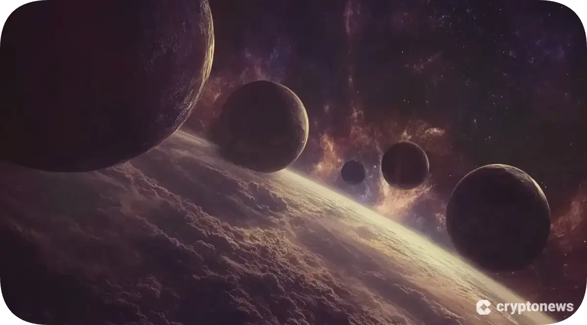連なる複数の惑星が地表の上空に並ぶダークな宇宙の風景
