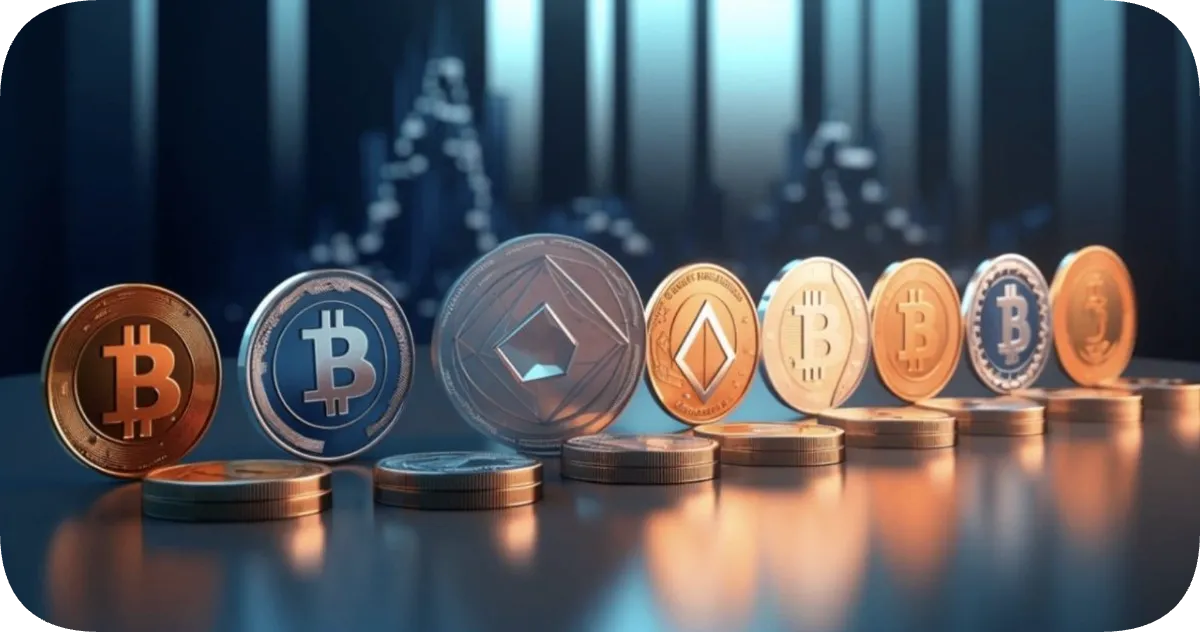 色々な仮想通貨のロゴが刻印された硬貨が並んでいる