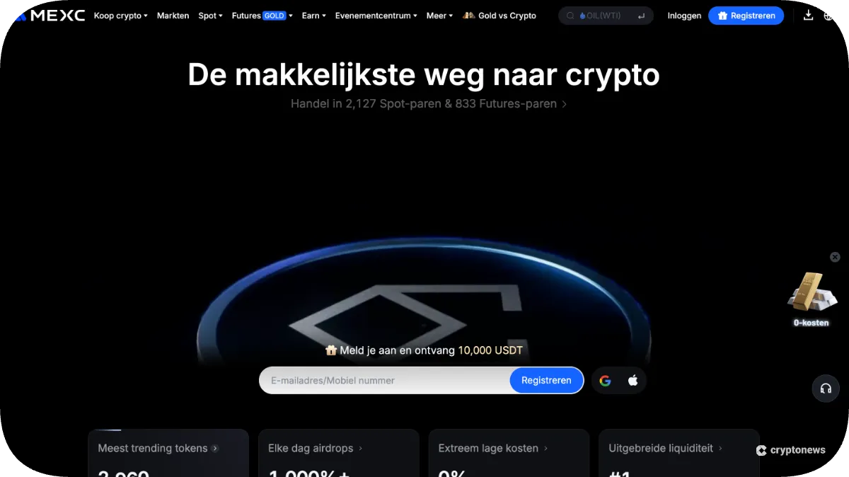 MEXC startpagina om Bitcoin te kopen.