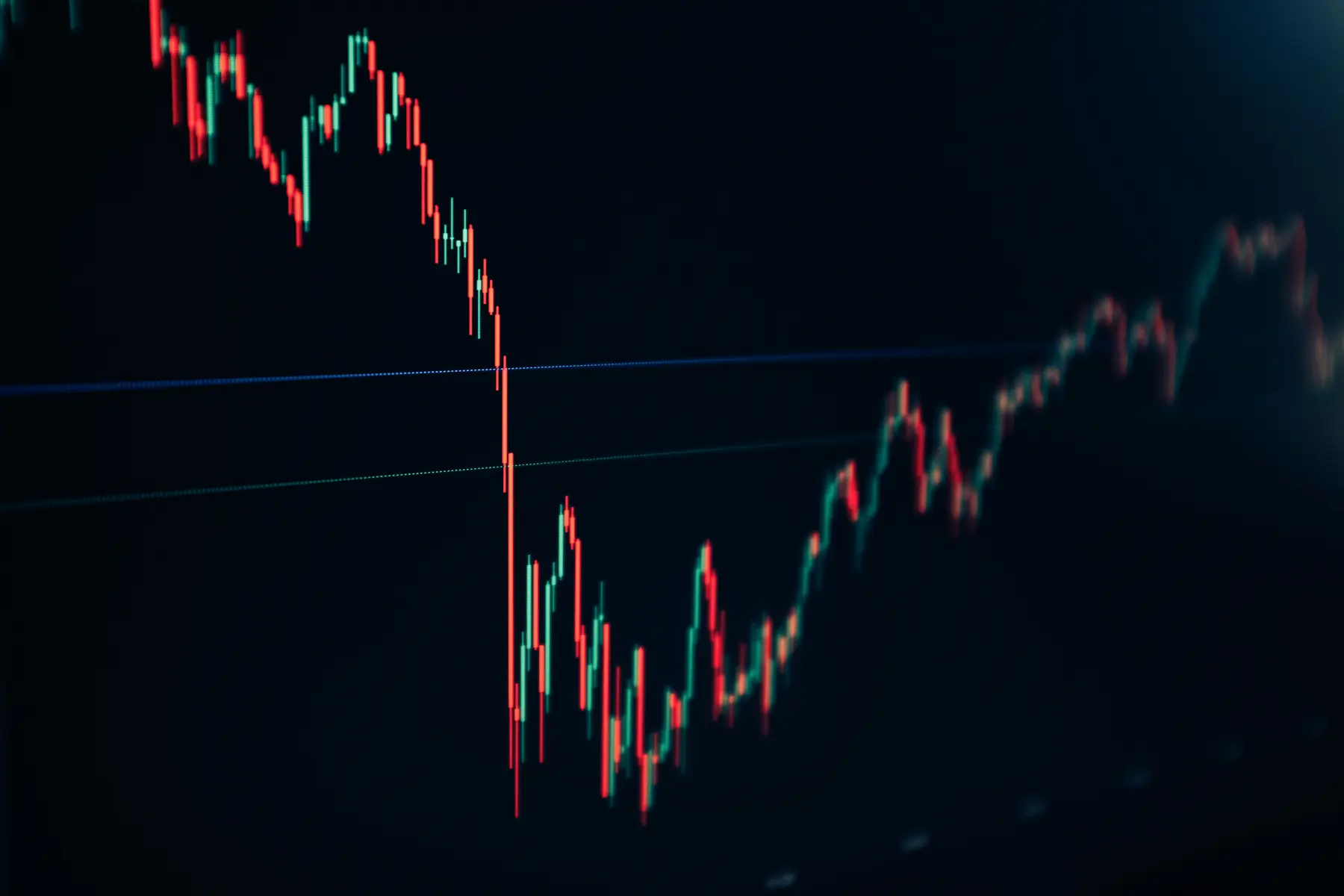 Een candlestick koersgrafiek met rode en groene candles op een donker scherm