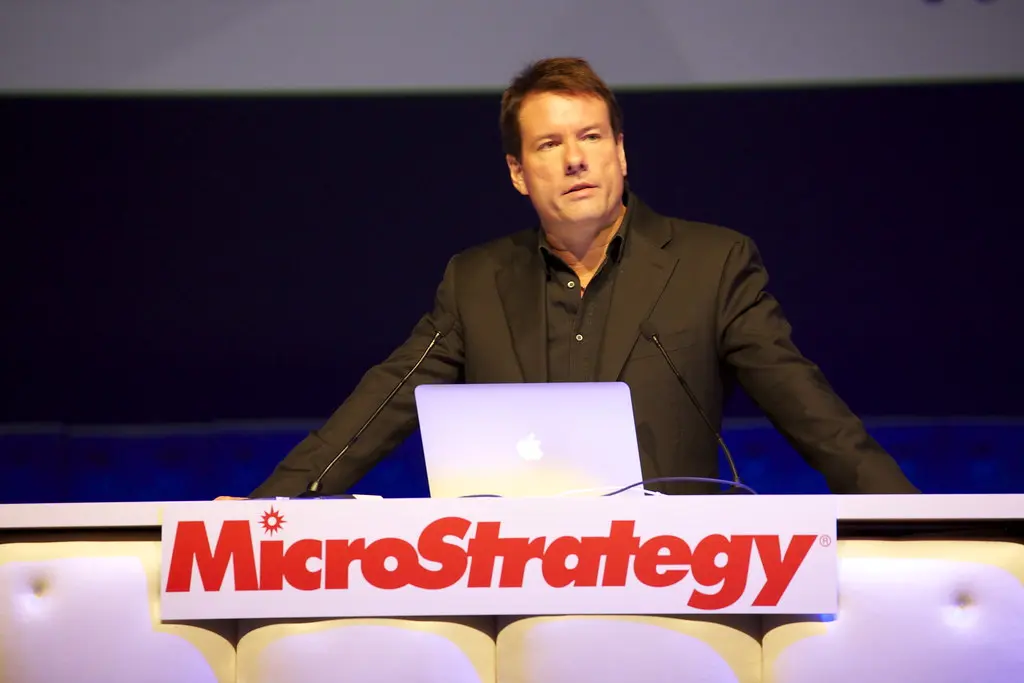 Michael Saylor spreekt tijdens een MicroStrategy-evenement.