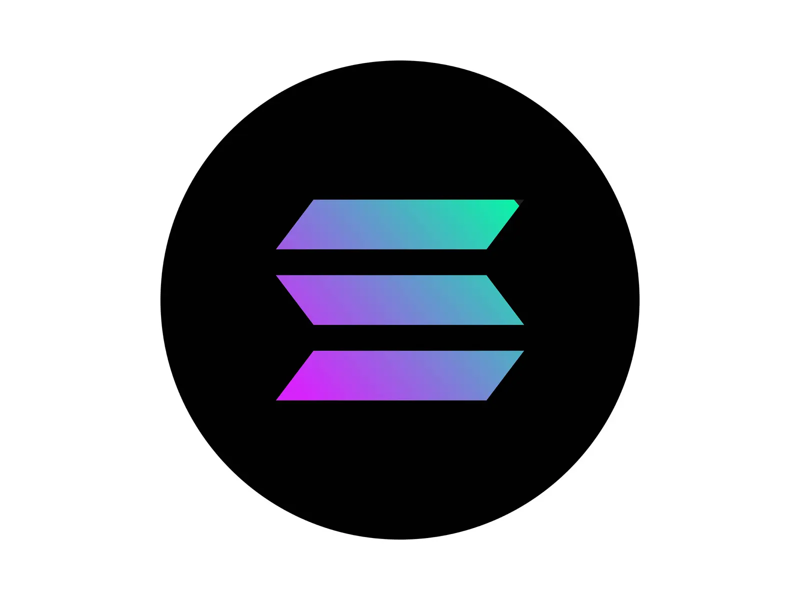 Het kleurrijke logo van Solana in een zwarte cirkel op een witte achtergrond.