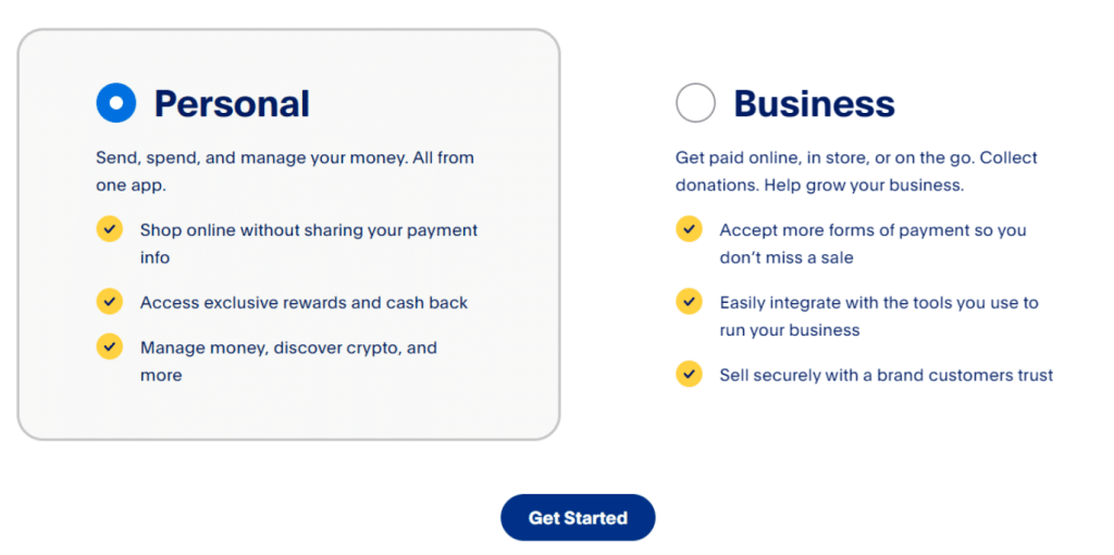 paypal select account type