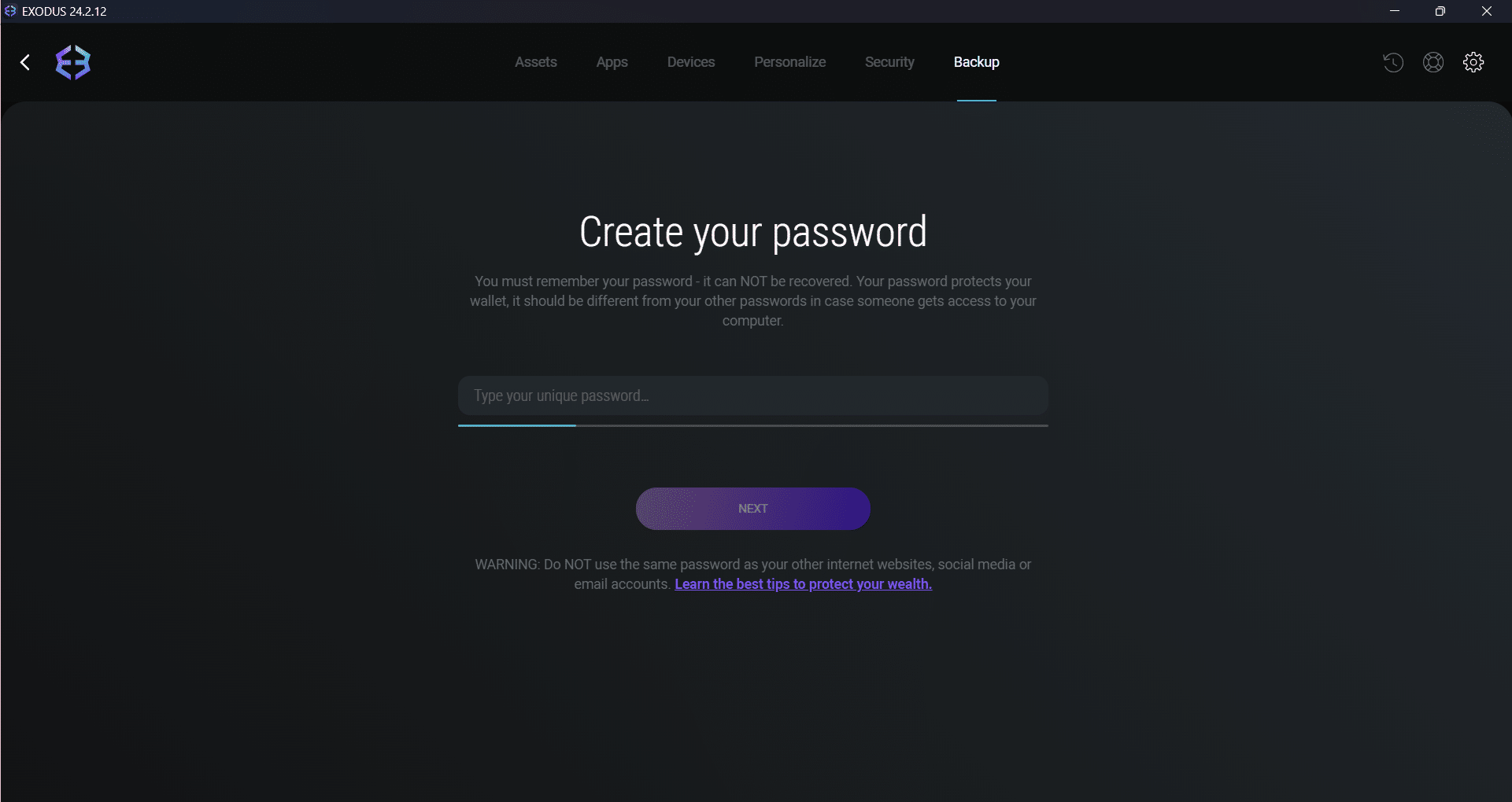 creating a password for exodus