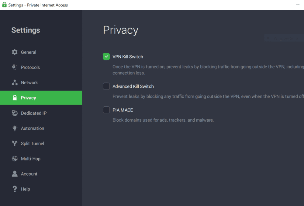 Private Internet Access VPN IP kill switch