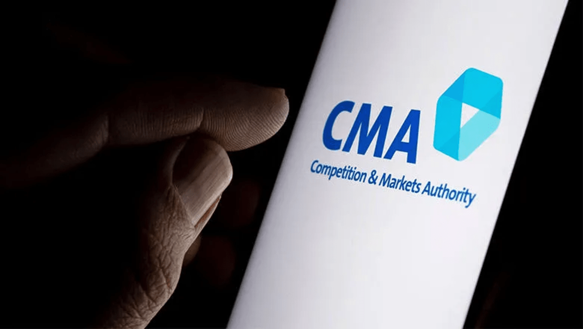 Competition and Markets Authority logo on the screen and finger pointing at it.