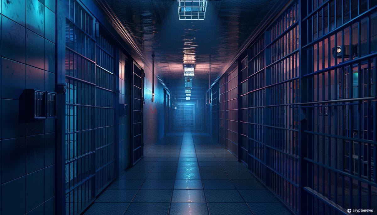 A prison with blue lighting, symbolizing Changpeng "CZ" Zhao's prison sentence