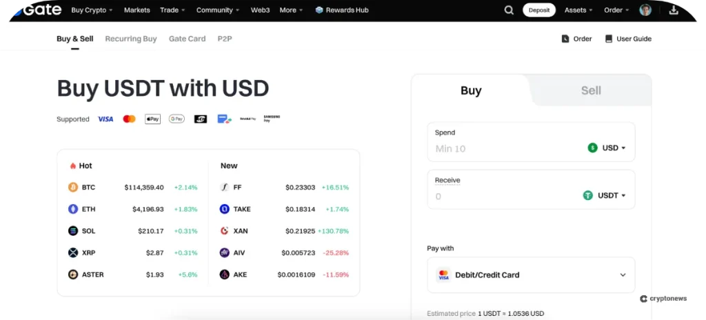 buy USDT with USD on gate.io
