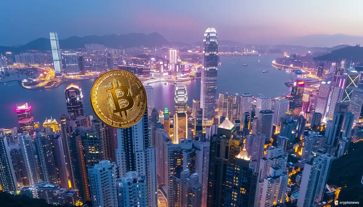 A Bitcoin superimposed over the Hong Kong skyline at night, representing the uncertain future of the HTX Hong Kong License.