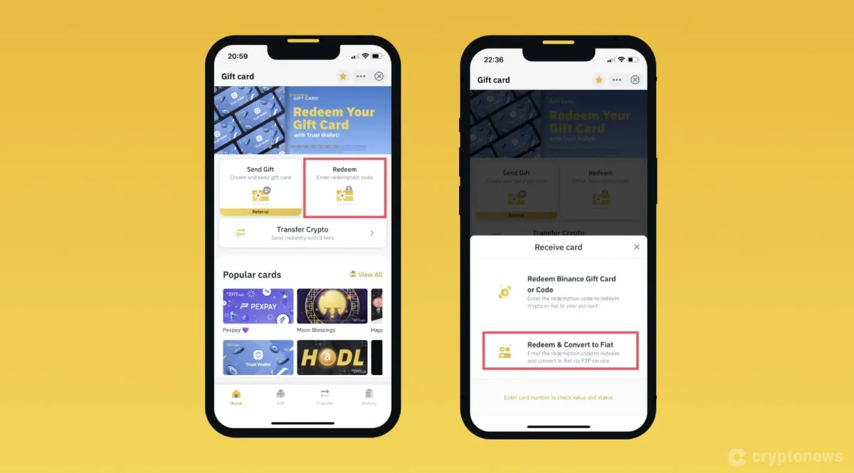 The image displays a mobile app interface for Binance gift cards, showing options to send or redeem a gift card and popular card designs, with the ability to convert redeemed crypto to fiat currency.