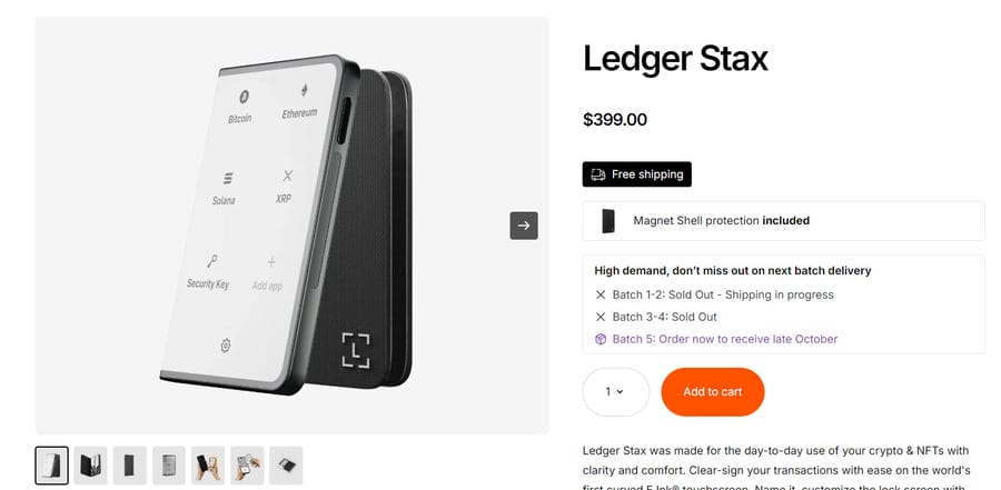 Overview of the Ledger Stax wallet as seen in Ledger Shop.