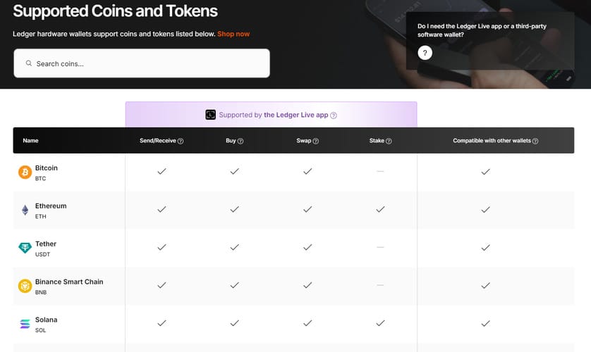 The page where you can see and search for the cryptos Ledger Stax supports.