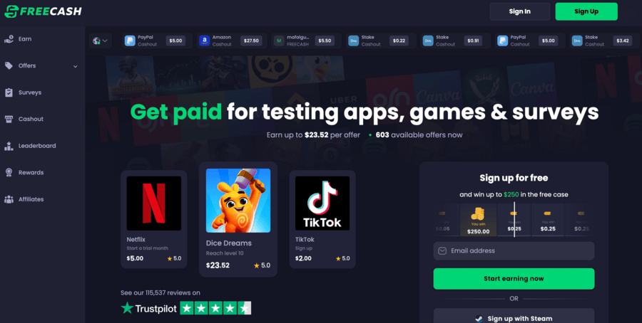 Freecash homepage