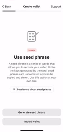 The 24-word seed phrase can be used to recover your wallet but is not as safe as the keys generated by the card and ring are.